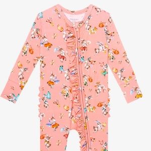 Posh Peanut Bamboo RUFFLED Zippered Footie Pajamas in Betty Bunny, size 0-3 Mon